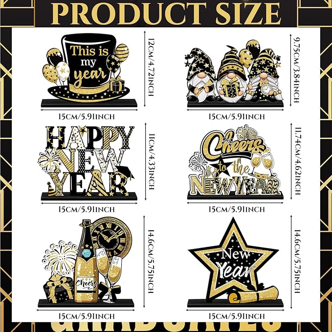 Realspring 6 Pc Happy New Years Table Decorations, New Year 2026 Wooden Table Centerpieces, Black Gold 2026 Party Supplies, Eve Party Supplies