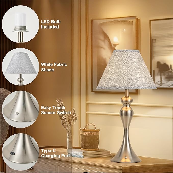 Cordless Bedside Lamp for Living Room, Table Lamp for Bedroom, 3-Way Dimmable Nightstand Lamp with Fabric Shade, Rechargeable Touch Led Desk Lamp Battery Operated Lamp for Dorm, Home Office (Nickel)