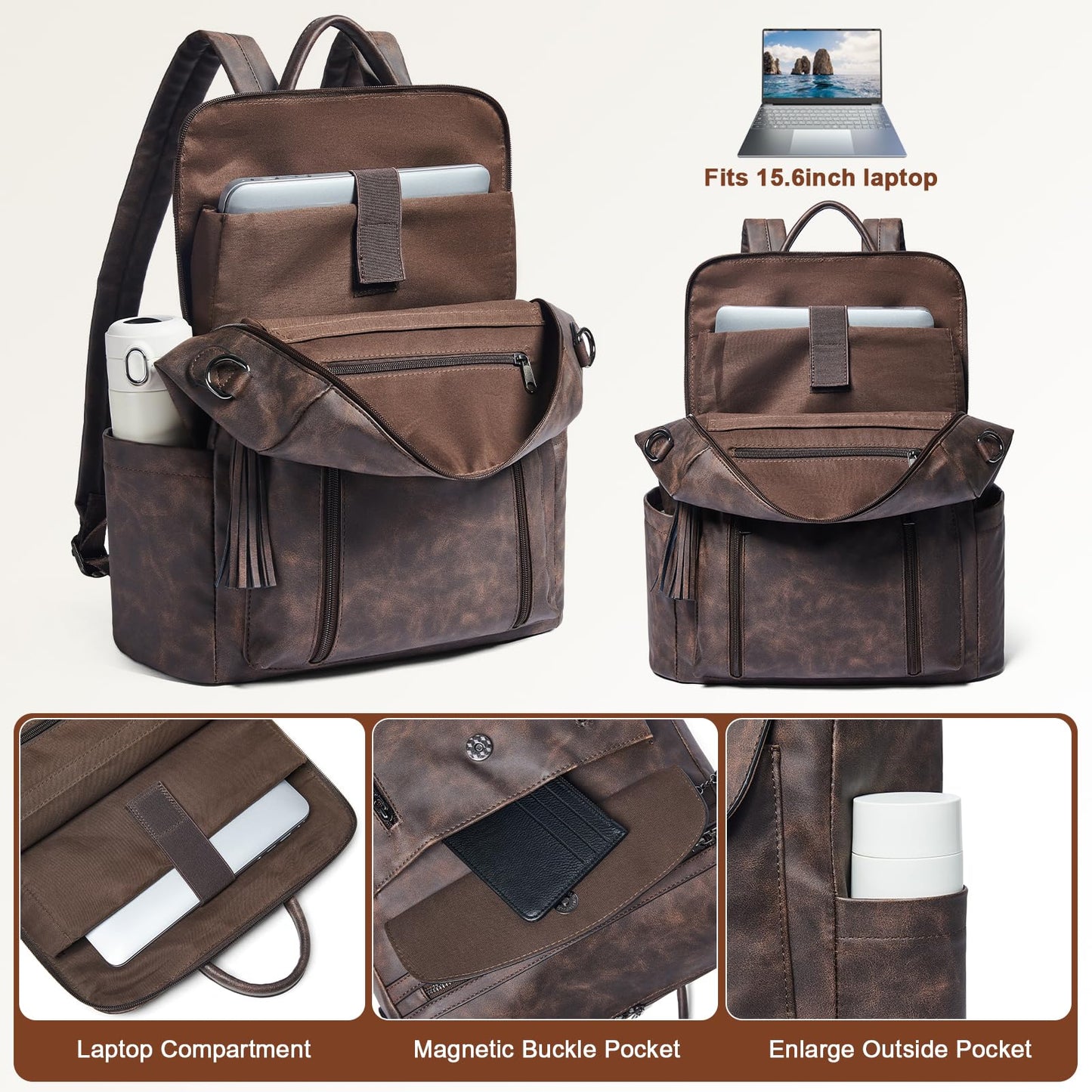 Shrrie Laptop Backpack for Women 15.6 inch,Travel Leather Backpack Purse Nurse Teacher Carry on Backpack Computer Bag,Professional Water-Resistant College Business Work Casual Daypack,Nubuck Coffee