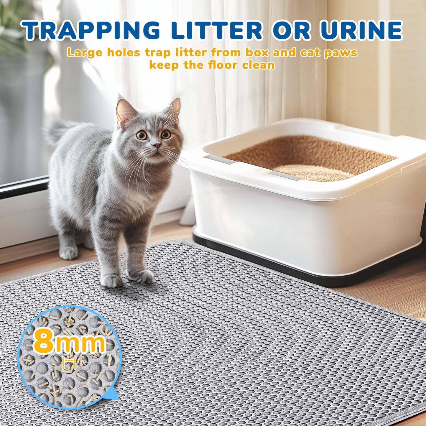 BurgeonNest Cat Litter Mat 47" x 35" Upgraded Felt & Fabric Material Cat Trapping Mat for Fewer Creases, Extra Large Hold 3-4 Litter Boxes Urine-Proof Non Slip, Machine Washable, Soft on Paws, Grey