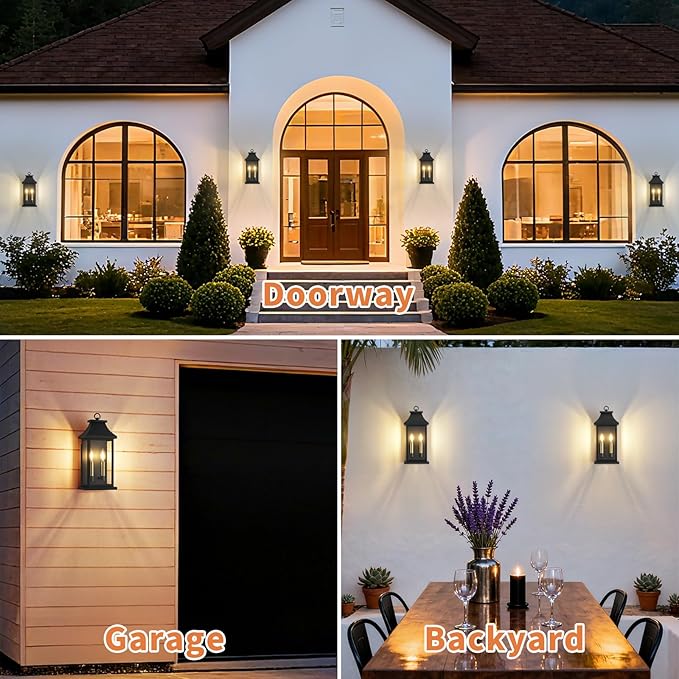 tewei 18'' Outdoor Wall Lights, Porch Light Outdoor Wall Sconce Lantern, 2-Light Black Exterior Lighting Fixture Wall Mount E12 Gold Base, Outside Light for House Backyard Garage, 2-Pack