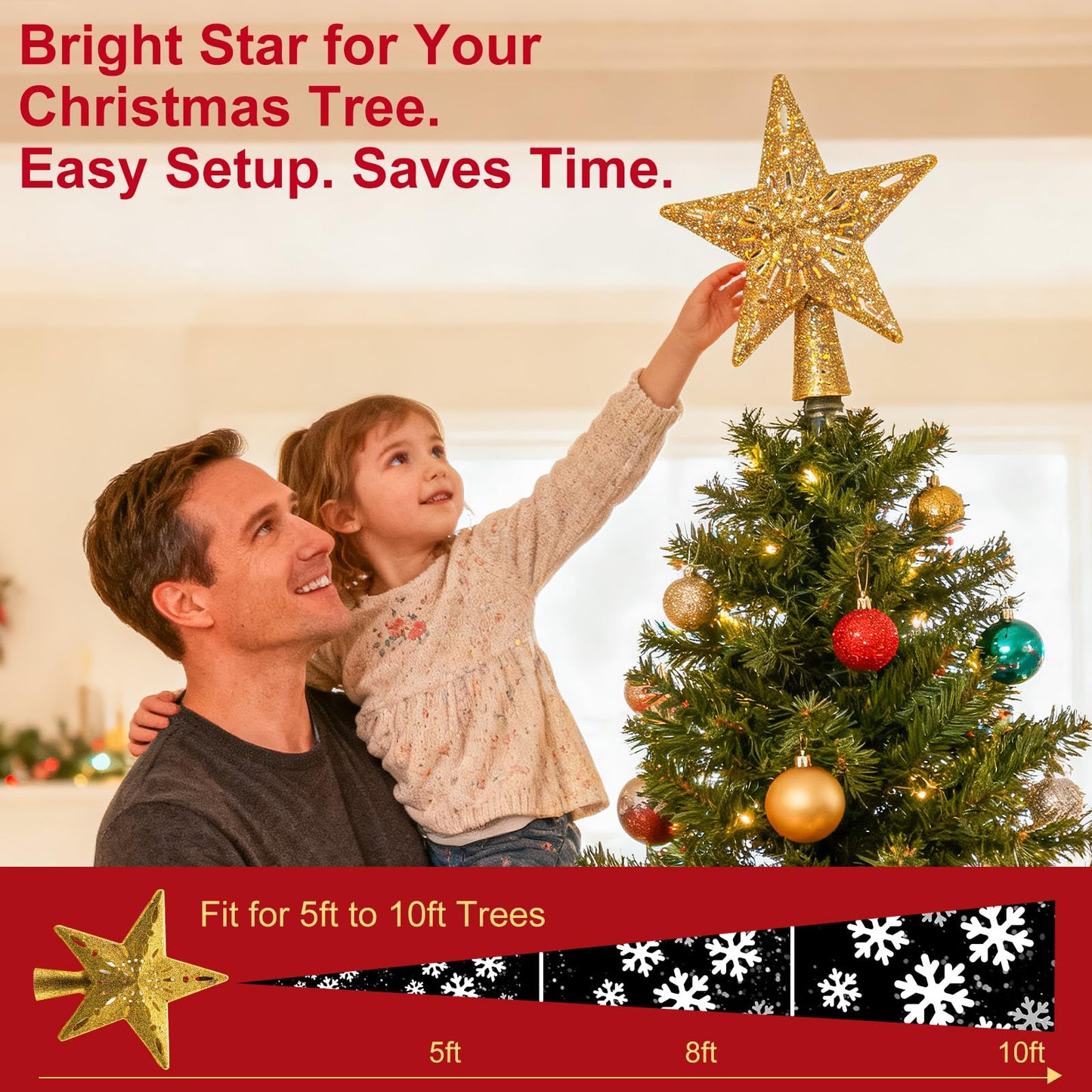 Christmas Tree Topper Lighted with Golden Snowflake Projector, 3D Holographic Rotating LED Magic Light, Christmas Tree Star Topper for Christmas Tree Decorations