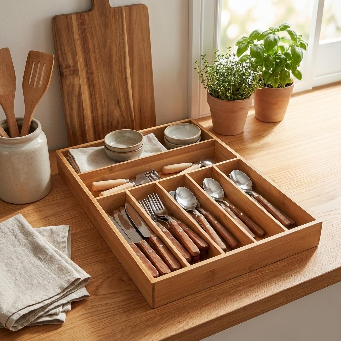 JIMMY LUCKY Wooden Silverware Organizer for Drawer, Bamboo Utensil Drawer Organizers, Kitchen Utensil Organizer Tray with 7 Storage Compartments, Flatware Organizers for Cutlery Flatware