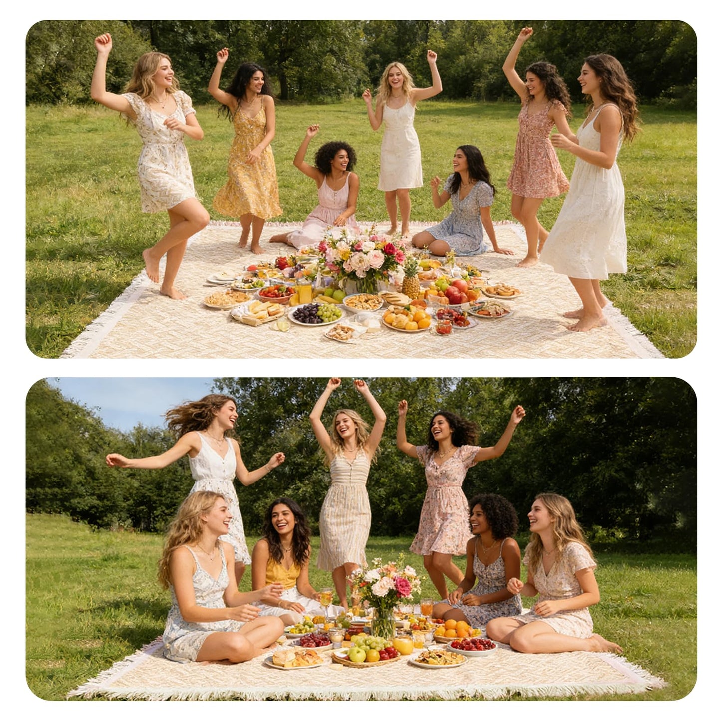 Boho Beige Cotton Picnic Blanket 91×71 Inch Extra Large, Woven Textured Tassel Outdoor Beach Mat, Machine Washable Portable Camping Blankets for Family Park Picnic, Boho Wedding Decor & Indoor Home