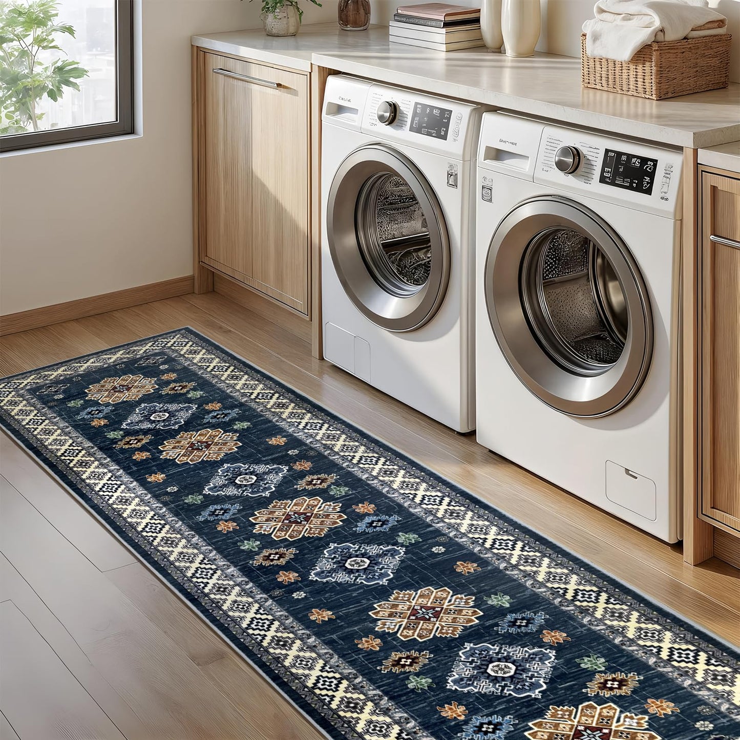 Mordem Blue Runner Rug 2x8, Non Slip Low Pile Stain Resistant Boho Washable Hallway Runner Rugs for Kitchen Bedroom Beside Laundry Room Bathroom Rug, Pet & Kids Friendly