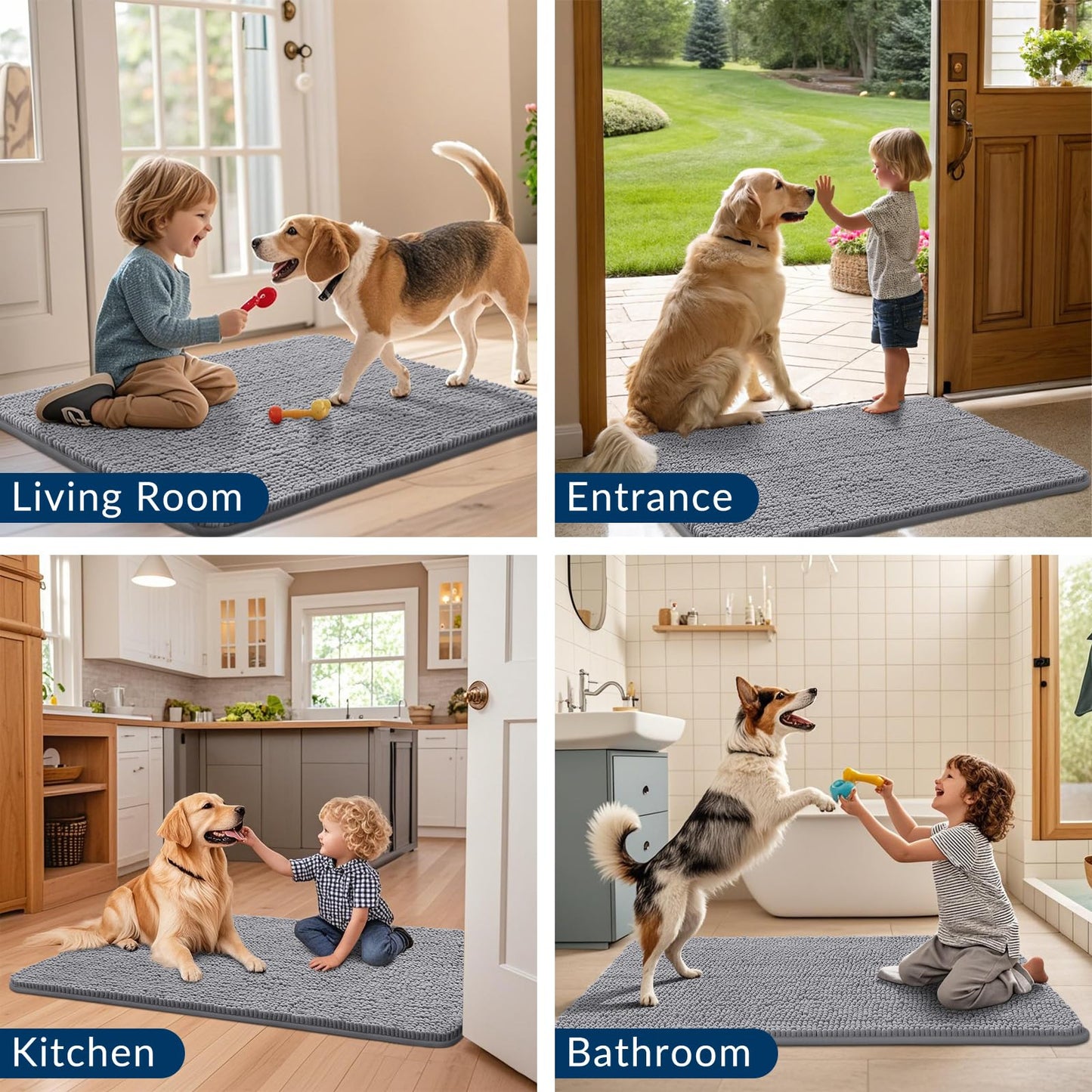 Smiry Dog Door Mat for Muddy Paws 30x20, Absorbent Dirt Trapper, Non-Slip Washable Chenille Entryway Rug for Inside Floor, Grey, Classic Solid