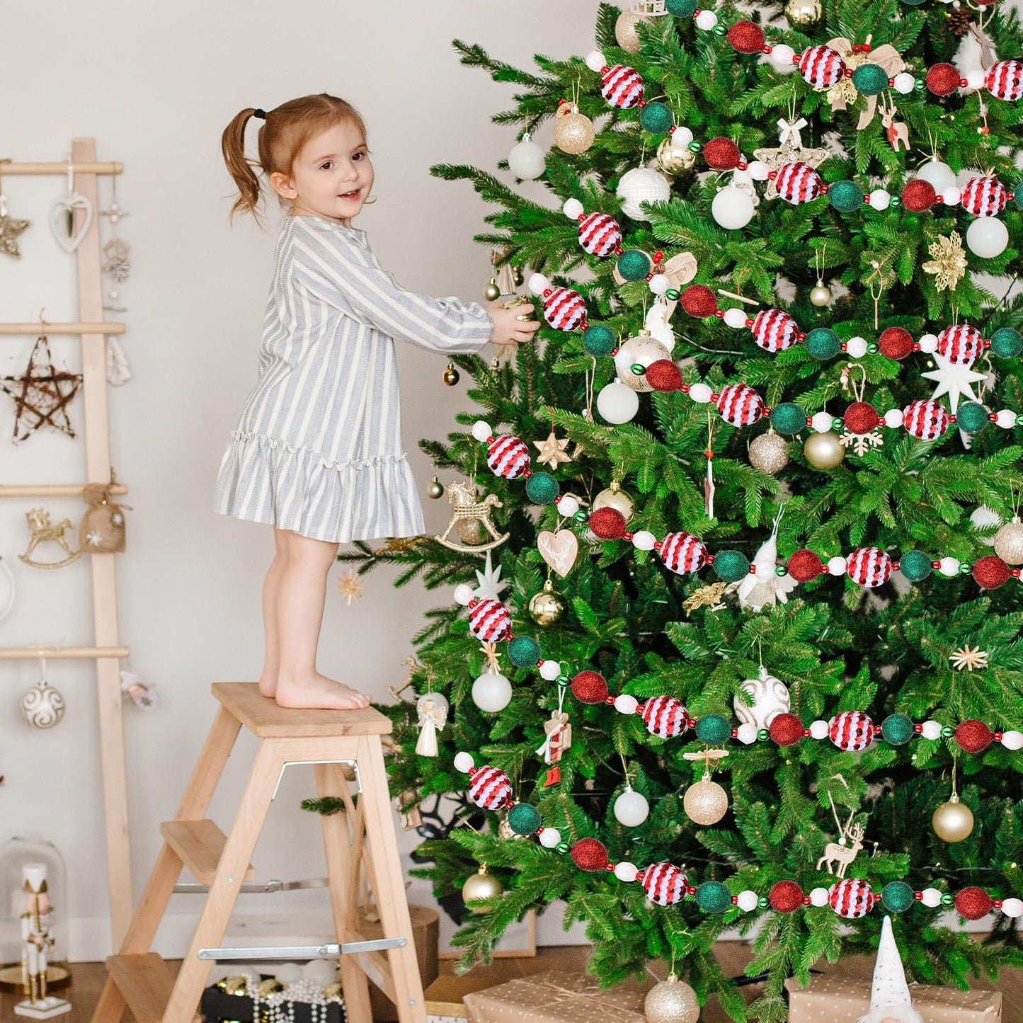 Jetec 16 ft Candyland Christmas Tree Beaded Garland Red Green White Peppermint Sequin Ball Garland Ornament Hanging for Christmas Tree Fireplace Retro Party Decorations