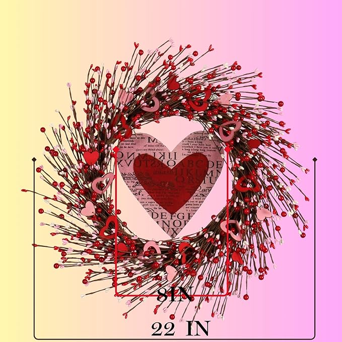 22IN Spring Summer Wreath Pink Berry Wreath with Handmade Heart for Front Door Wall Decor Indoor Outdoor Wedding Gifts