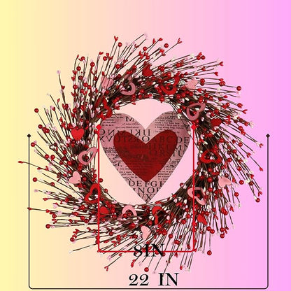 22IN Spring Summer Wreath Pink Berry Wreath with Handmade Heart for Front Door Wall Decor Indoor Outdoor Wedding Gifts