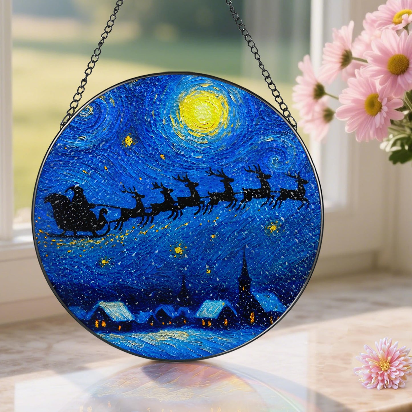 8-Inch Starry Night Santa Sleigh Stained Glass Window Hanging & Ornament: Stained Glass Suncatcher Ornament, Sun Catcher Window Decor – Gifts Exchange, Gift Idea, Gifts for Christmas & Holidays