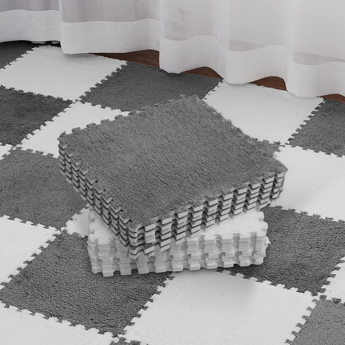 Nuanchu 32 Pcs Plush Foam Interlocking Floor Mat Climbing Area Rugs 11.8 x 11.8 Inch Square Soft Fluffy Tiles with Border Play Mat Flooring Tiles for Home Playroom Decoration (White, Gray)
