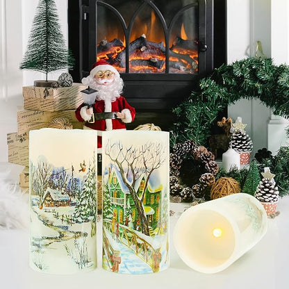 Christmas Flameless Candles Real Wax LED Candles Decor Battery Operated with Timer and Green Christmas Tree Decal,Set of 3,Warm Light