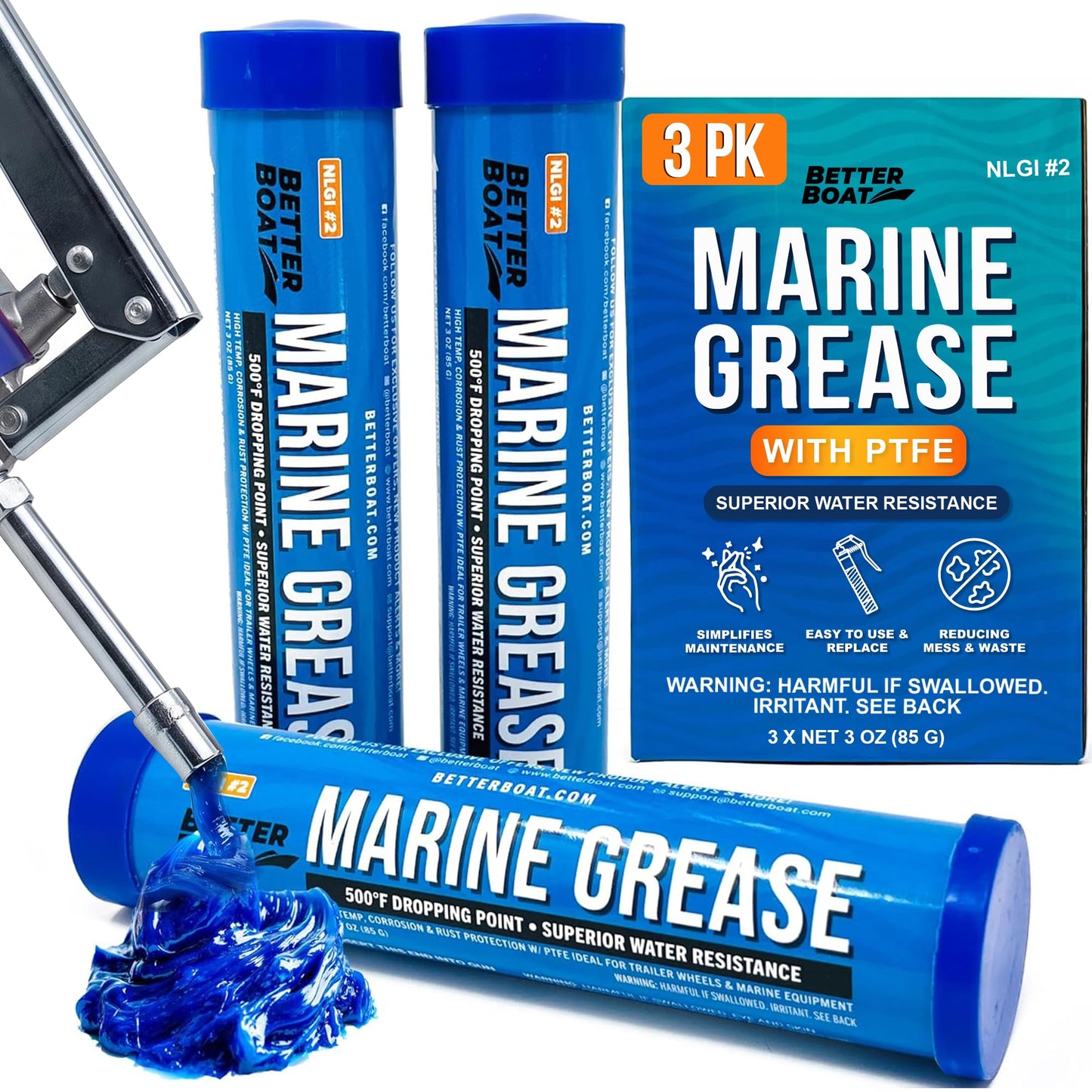 3PK Mini Marine Grease Tube, 3 Oz Cartridge, Waterproof High Temp Wheel Bearing Lubricant, NLGI 2, for Boat Trailer Bearings and Grease Guns, 3-Pack