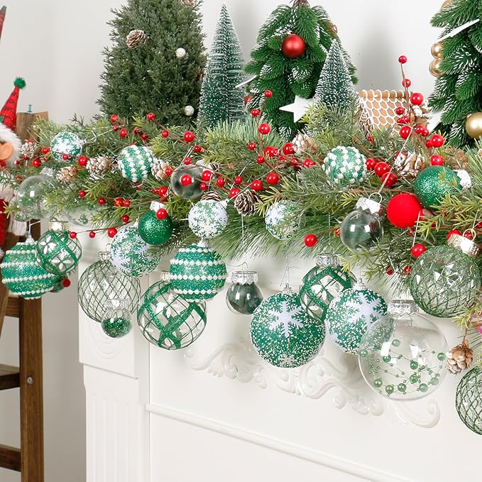 Super Holiday Christmas Ball Ornaments, 33PCS Green Clear Shatterproof Plastic Foam Ornaments Set for Hanging Xmas Tree Holiday Thanksgiving Party Decor.