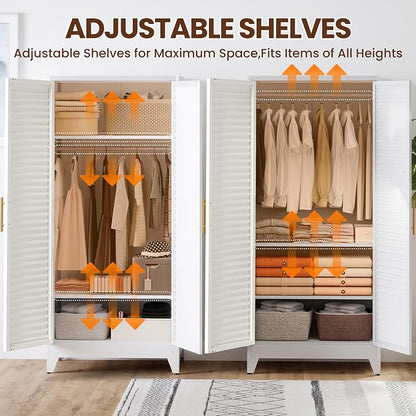 Metal Armoire Wardrobe Closet, 71" Clothing Storage Cabinets with Adjustable Hanging Rod, Louvered Doors, 2 Side Hooks & 2 Adjustable Shelves - Closet Cabinet for Bedroom, Laundry Room, Cloak Room