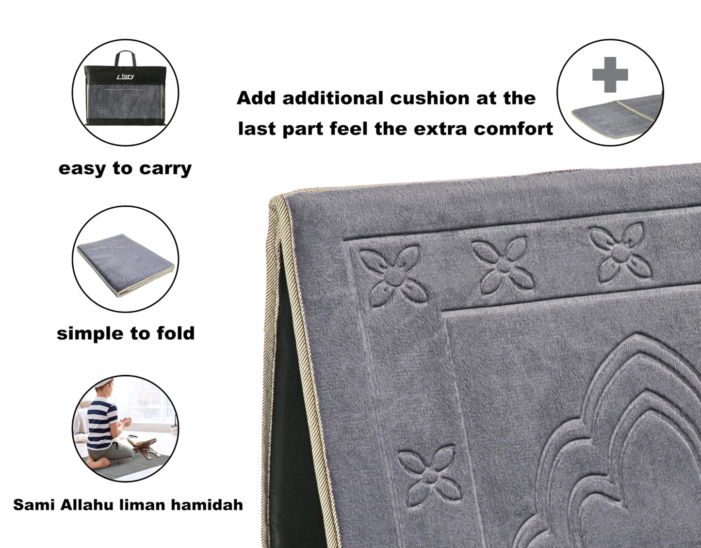 L.FORY Prayer Rug with Back Support/Foldable Meditation Floor Chair & Carrying Pocket (Gray)