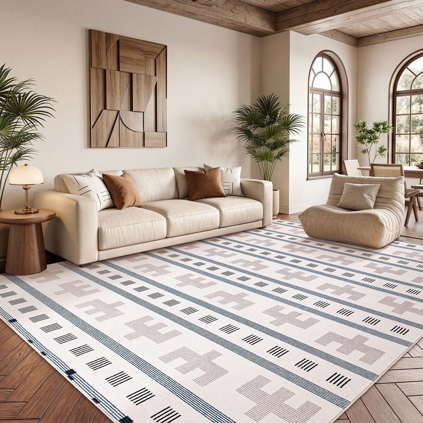 YIHOUSE Geometric Boho Area Rug - Moroccan Washable Non Slip Rug, Modern Minimalist Low Pile Rug for Living Room Bedroom Dining Kitchen, Cream Beige 6x9
