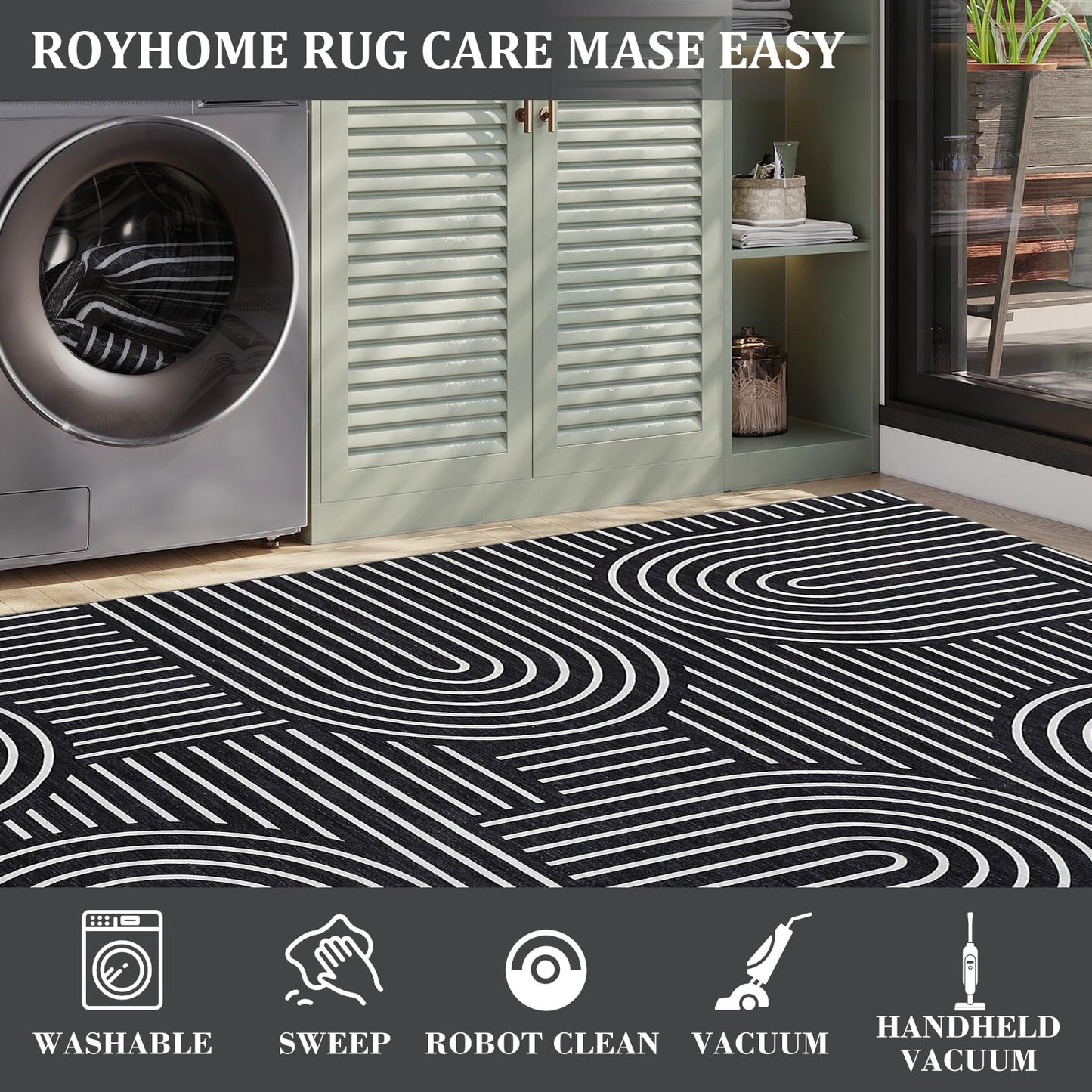 Washable Rug 2x3 Area Rugs for Entryway, Abstract Rug for Bedroom, Soft Rainbow Non Slip Small Area Rug with Rubber Back, Low Pile Stain Resistant Boho Geometric Carpet for Dining Room, Black
