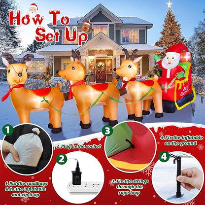 12FT Long Christmas Inflatables Outdoor Decorations, Inflatables Santa Claus on Reindeer Sleigh Built-in LED Lights, Christmas Blow Up Yard Decorations for Holiday Outdoor Garden Lawn Decor