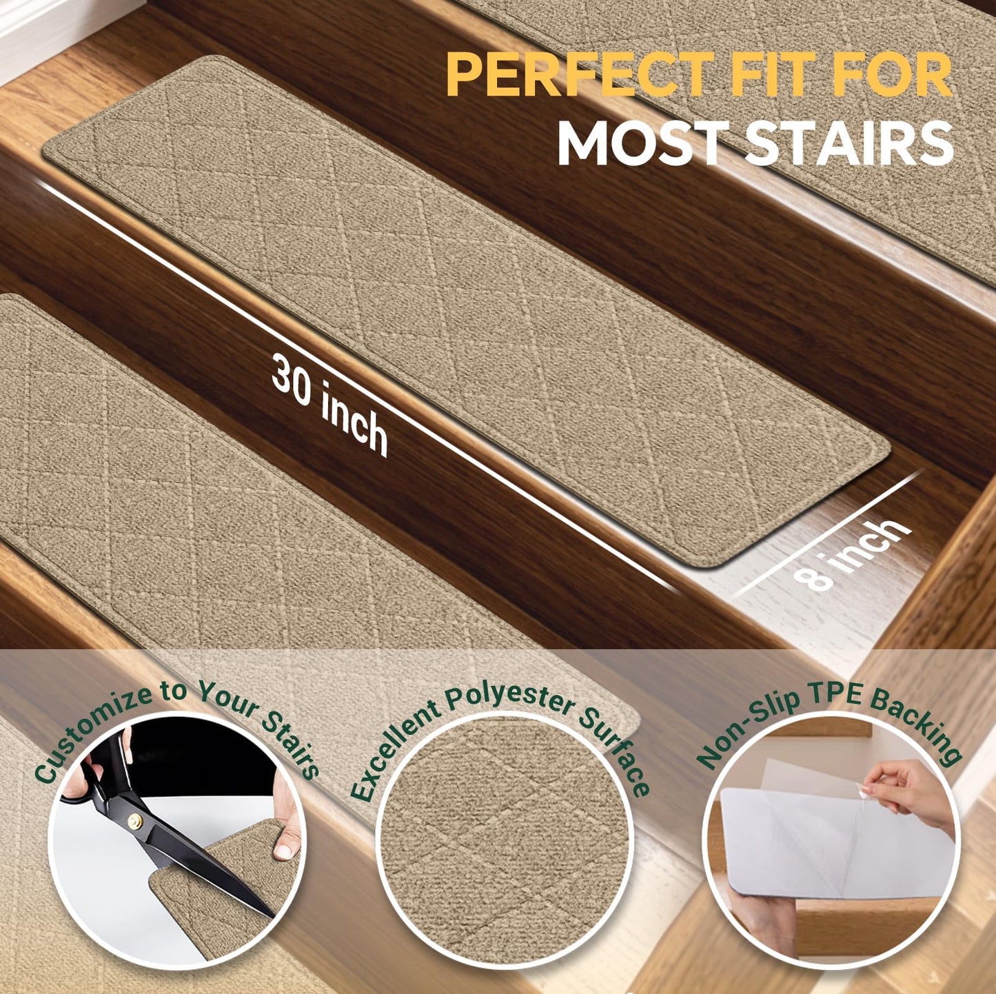 TranquilMoments Stair Treads Non-Slip for Wooden Steps, 15Pack - 8" x 30" Edging Stair Runner Indoor for Kids Elders & Pets, Washable Carpet Stair Treads with Peel & Stick Reusable TPE Backing, Beige