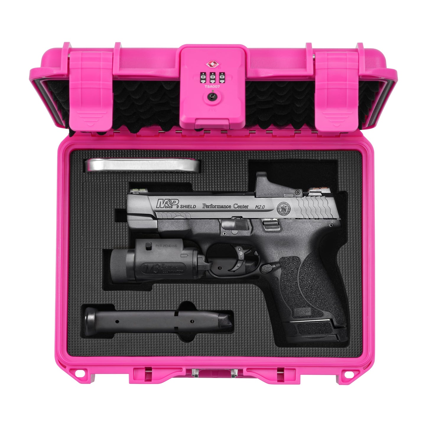 Kinghardcase TSA Approved Pistol Case for Smith & Wesson – Lockable Hard Handgun Case for Travel & Home Storage – Fits M&P 2.0 Full Size & M&P9 Shield Plus with Optic & Tactical Light (Pink)