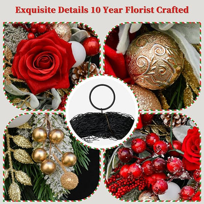 24 Inch Artificial Christmas Wreath for Front Door, Christmas Rose Floral Wreath with Lamb's Ear Red Berries Pine Cones Golden Leaves, Winter Wreaths for Front Door Wall Home Outdoor Decor
