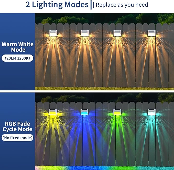 Solar Powered Fence Deck Lights Outdoor Waterproof Led IP65 RGB Color Changing/Warm White Auto On/Off Solar Step Lights for Outside Stair Garden Yard Wall Patio (2 Pack, White)