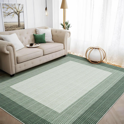 GarveeHome Washable Rug 8x10 Living Room Rug Neutral Bordered Carpet for Dining Room Solid Non Slip Low Pile Pet Friendly Large Carpet for Farmhouse Apartment Bedroom Dorm Green