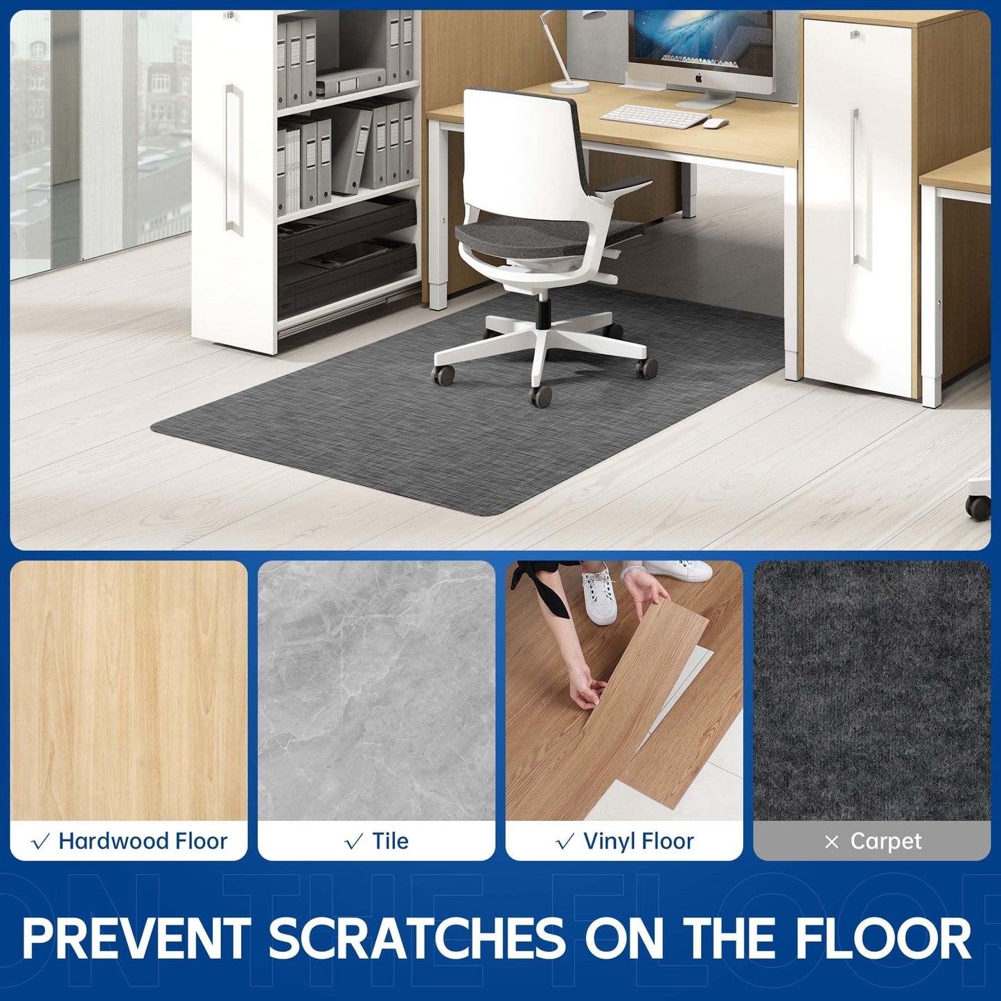 Naturei Office Chair Mat for Hardwood & Tile Floor, 30" x 48" Anti-Slip Desk Chair Mat, Easy Glide Floor Protector for Rolling Chairs, Floor Mat for Office Chair for Home Office (Dark Gery)