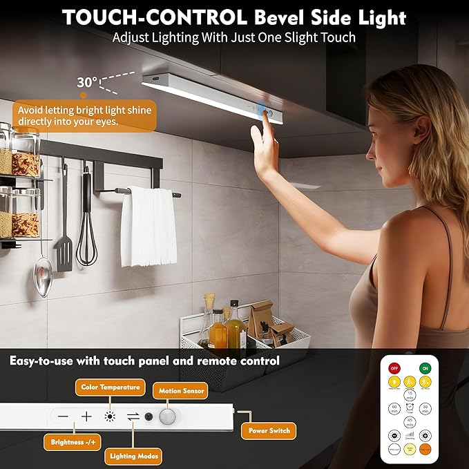 160LEDs Touch-Control Under Cabinet Lighting w/4000mAh Battery, Cordless Motion Sensor Under Counter Lights for Kitchen, Magnetic Rechargeable Closet Lights - 3Pack/White, 2025 Fall