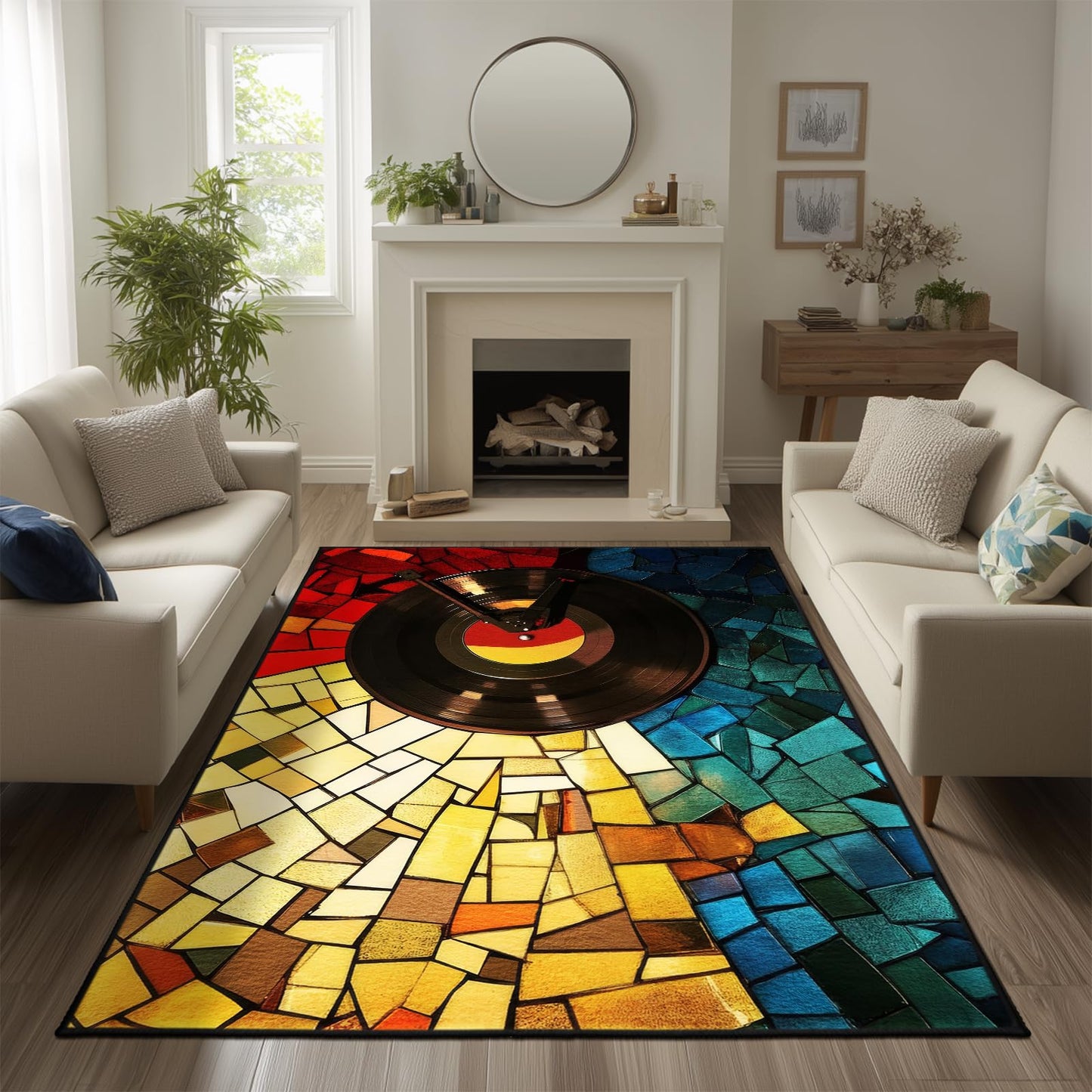 keepcute Retro Vinyl Area Rug 5x7 ft Non-Slip Carpets Record Player Carpet Decor for Living Room Bedroom Living Room Study Carpet