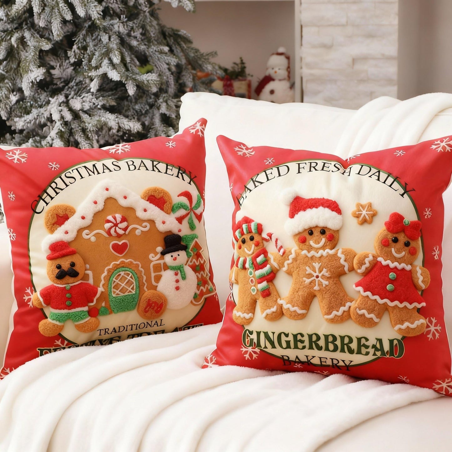 Hahafelt 2 Pcs Christmas Gingerbread Throw Pillow Covers 18x18 Inch 3D Embroidered Christmas Gingerbread Man Decorative Square Pillowcases Cushion Covers Soft Plush Faux Fur Wool Decor for Winter