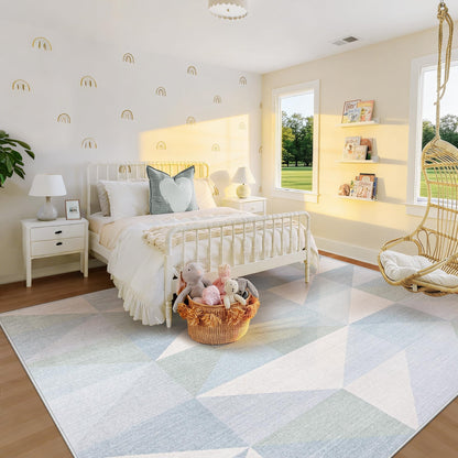 Washable Rug 8x10 Area Rugs: Modern Geometric Area Rug for Living Room Non-Slip Neutral Soft Carpet Low Pile Stain Resistant Indoor Rugs for Bedroom Nursery Dining Room Office (Light Blue, 8'X10')