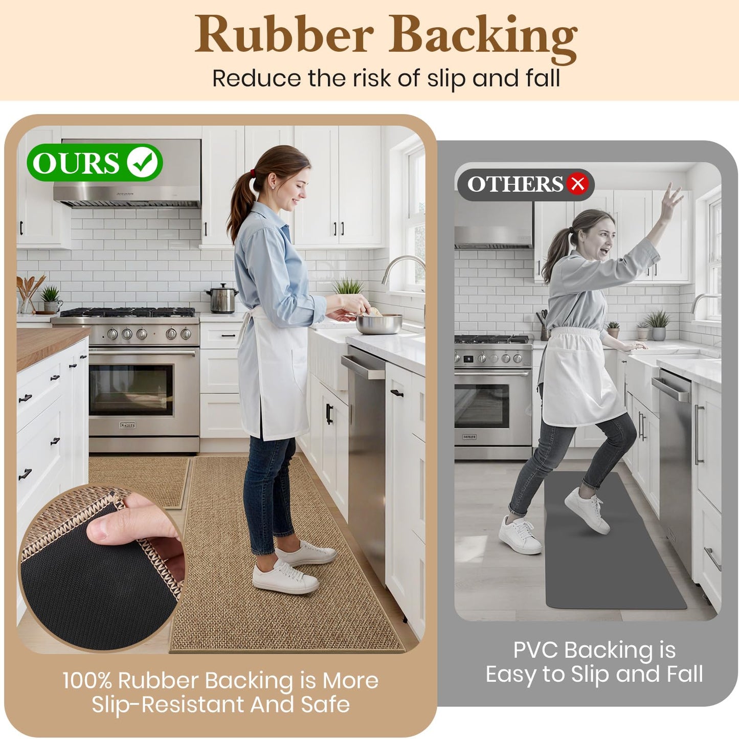 SofterCharm Kitchen Rugs and Mats, Non Slip Washable Set of 2 PCS, Absorbent Kitchen Mats for Floor, Kitchen Runner Rug, Rubber Backing, for Kitchen Decor, Front of Sink(Khaki, 20’’x 32’’+ 20’’x 47’’)