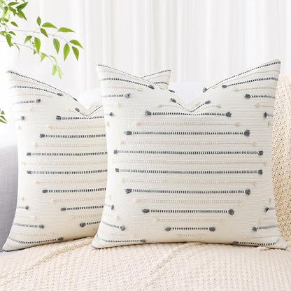 Mecatny Boho Outdoor Throw Pillow Covers 20X20 Set of 2, Farmhouse Decorative Pillow Covers for Couch Sofa Living Room, Beige & Grey