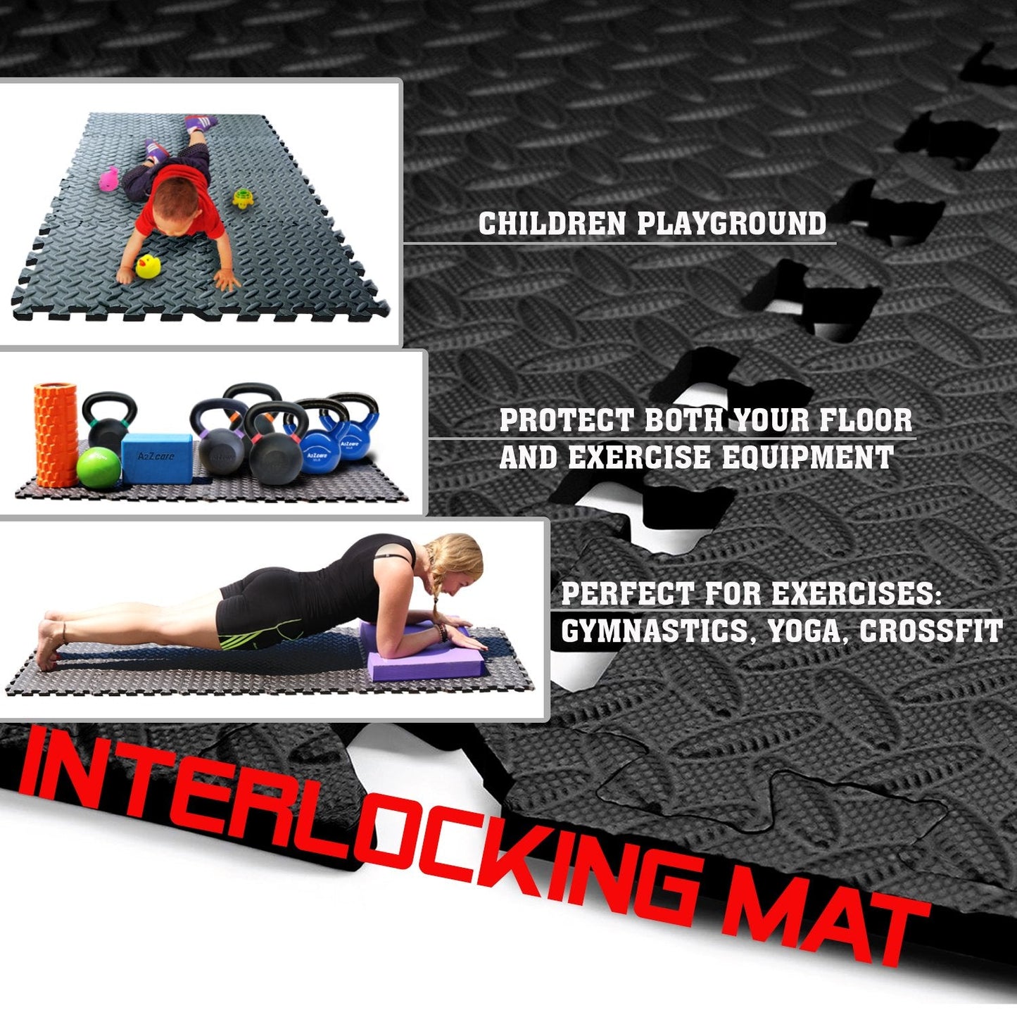 A2ZCARE Puzzle Exercise Mat with EVA Foam Interlocking Tiles - Interlocking Floor Mats for Gym Equipment - Ideal for Home Gym, Aerobic, Yoga and Pilates (Black and Grey (12pcs with Border Tiles))