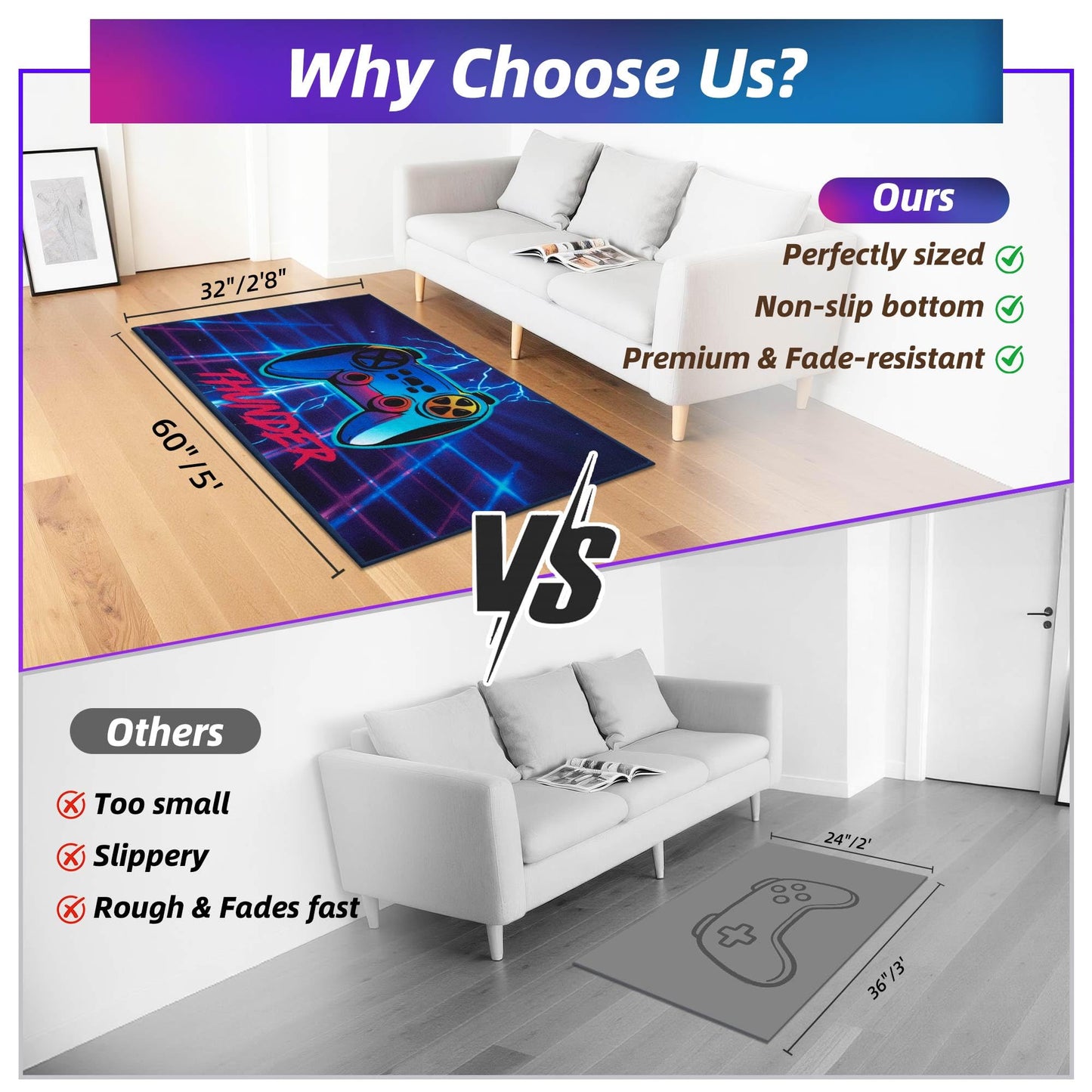 JSEI Gaming Rug for Kids Teens 32"x60", Video Game Kids Rug with Gamepad Controller Pattern, Non-Slip & Machine Washable Gaming Floor Carpet Mat for Playroom,Living Room&Bedroom, Blue