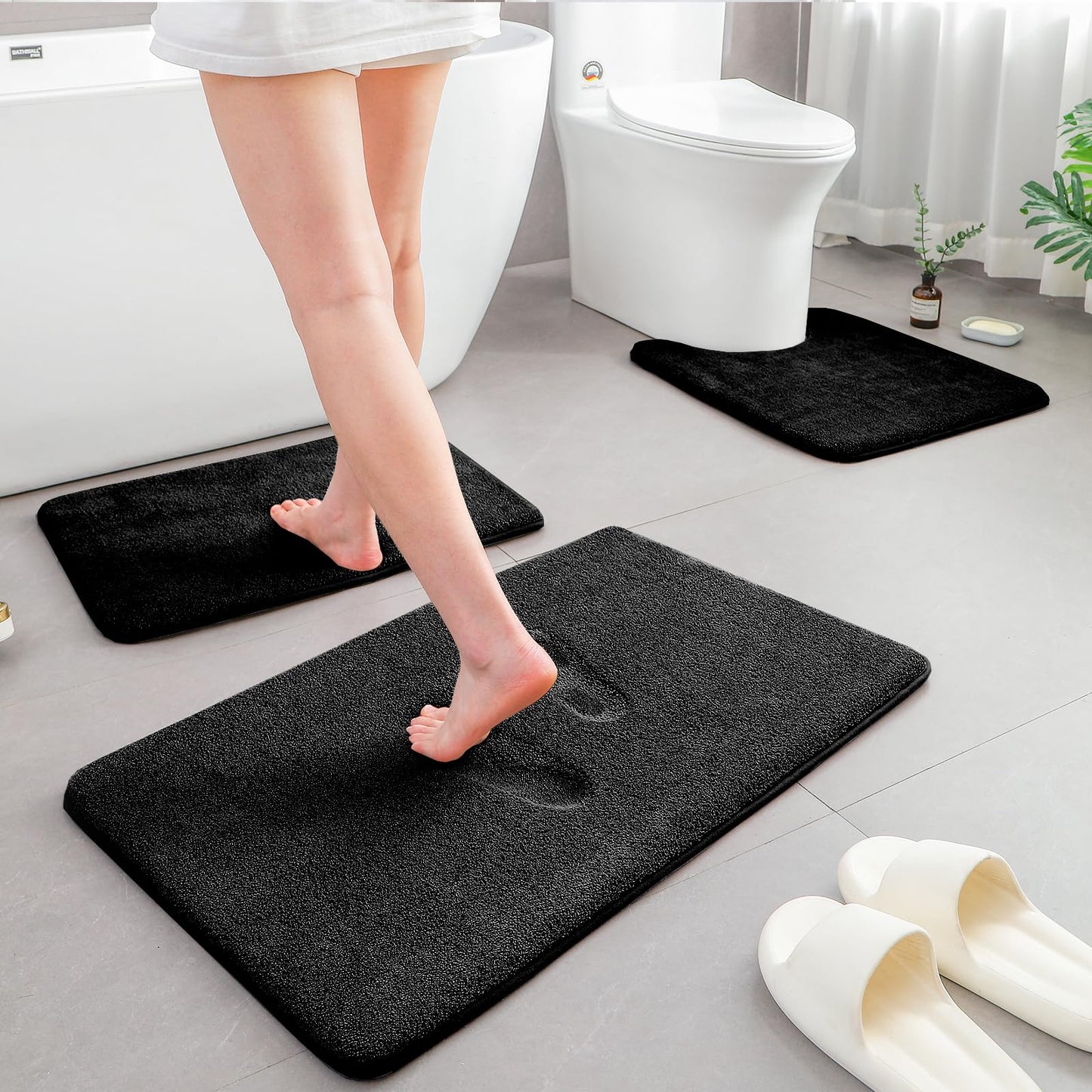 HOMEIDEAS Upgraded Bathroom Rugs Set 3 Piece, Ultra Soft Memory Foam Bath Mats, Super Absorbent Non Slip Washable U-Shaped Toilet Bath Rug (Black, 17"x24"+20"x32"+U-Shaped 20"x24")