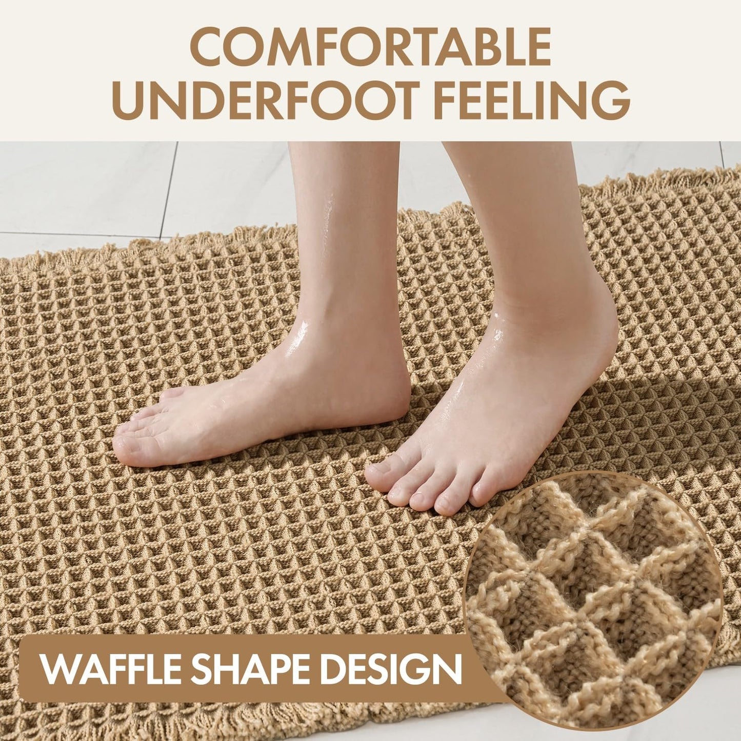 MIULEE Waffle Bathroom Runner Rugs, Super Absorbent Non Slip Bath Rug, Upgraded Soft Quick Dry Washable Boho Large Bath Mat with Tassels for Hallway Laundry Room Bedroom, 2'x5' (24"x60"), Brown