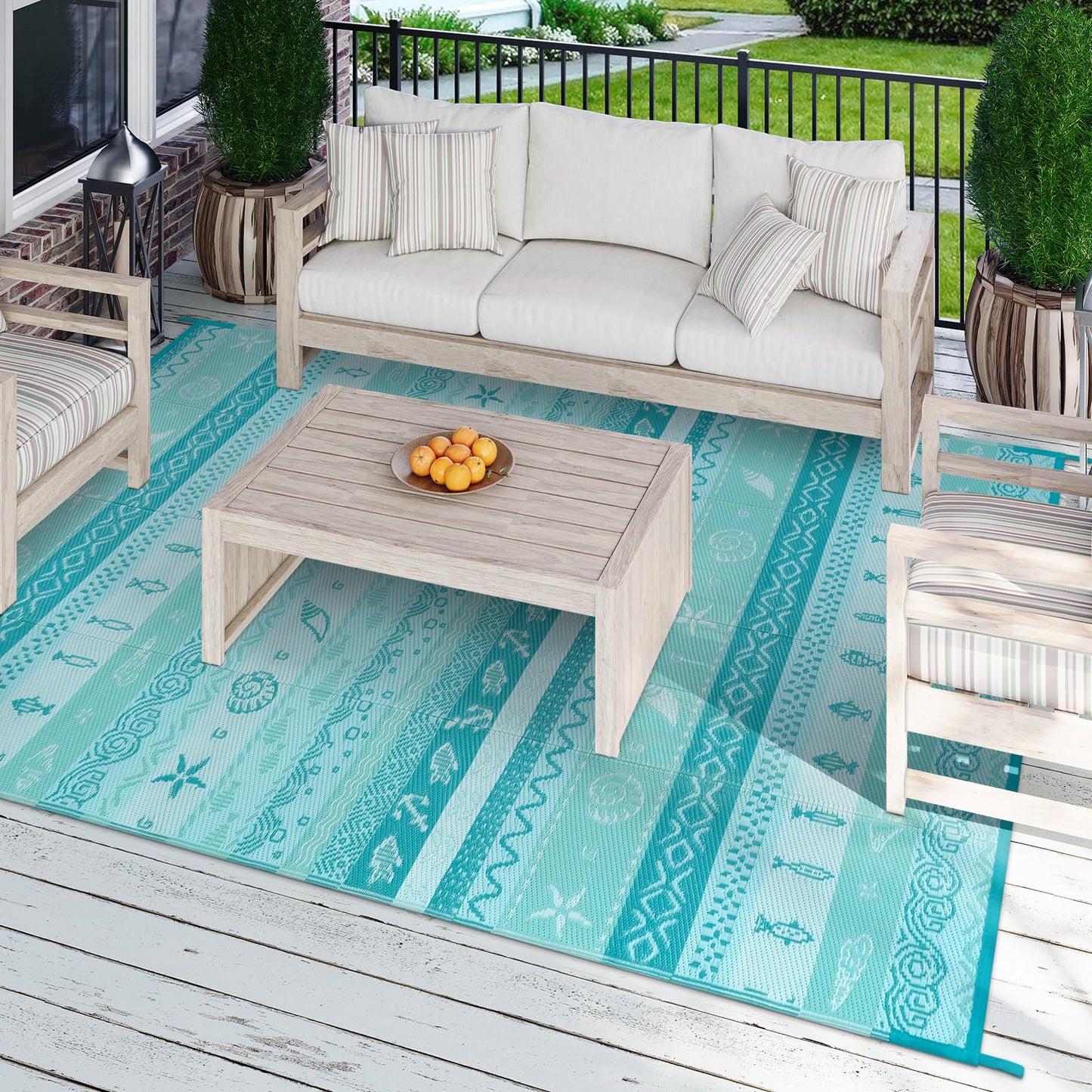 Uphome Coastal Outdoor Rug Waterproof 6x9, Reversible Ocean Beach Theme Striped Patio Plastic Straw Rugs, Tribal RV Camping Outside Carpet Mat for Pool Back Yard Deck Picnic, 6 x 9 ft