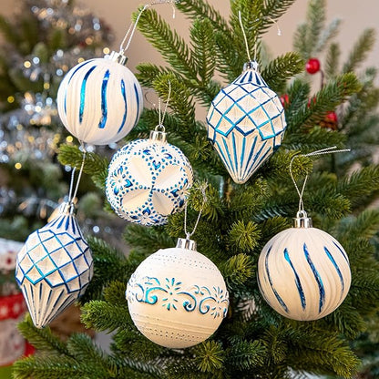 16PCS Shatterproof Christmas Ball Ornaments Set, Hand-Painted Holiday Decor with Assorted Sizes & Designs for Christmas Tree Thanksgiving Party Decoration, Blue-White