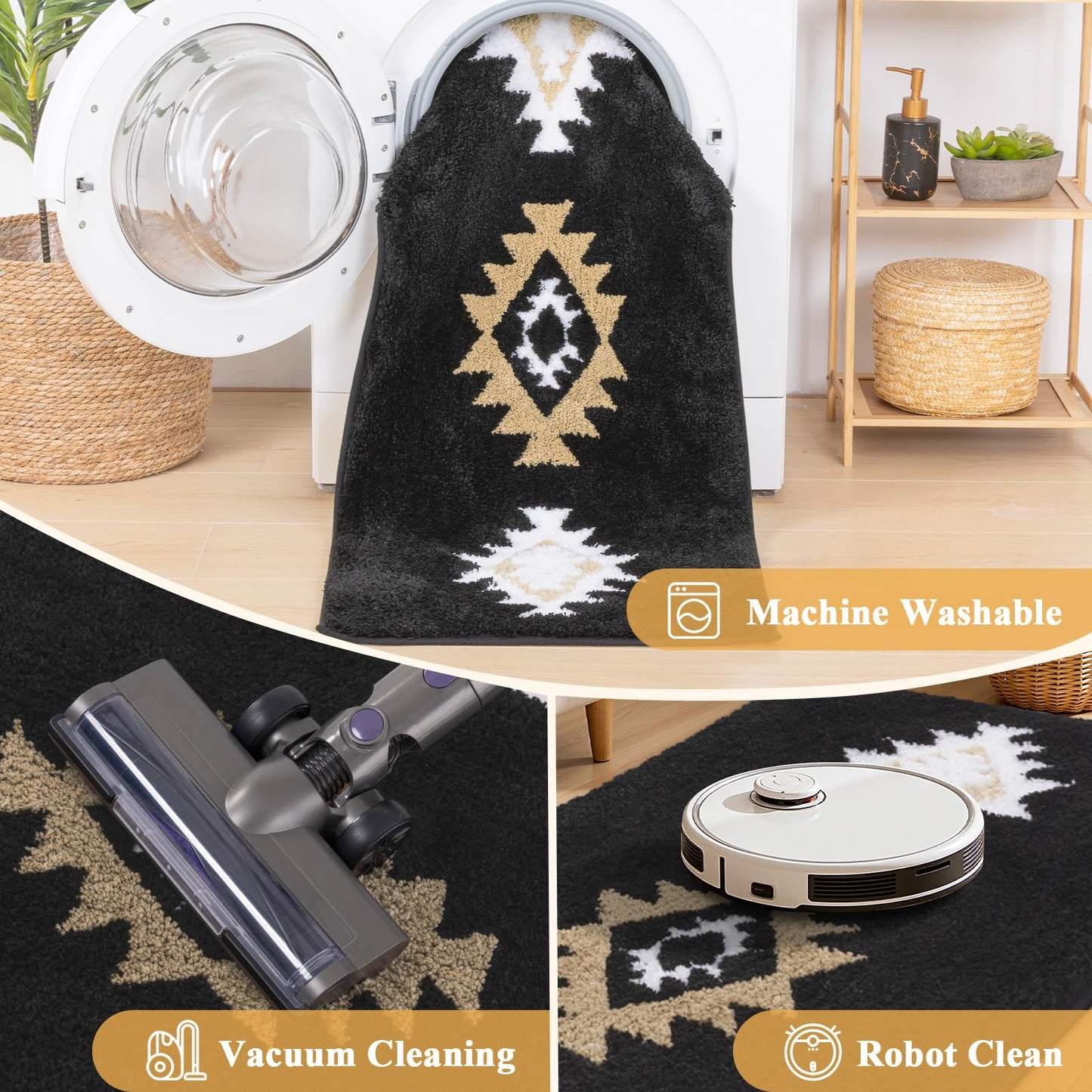 HEBE Boho Bathroom Rugs Set 3 Piece, Non Slip Washable Bath Mat Set, Ultra Absorbent Microfiber Bathroom Mats with U-Shaped Contour Toilet Rug, Aztec Western Bath Carpet Set for Tub, Shower