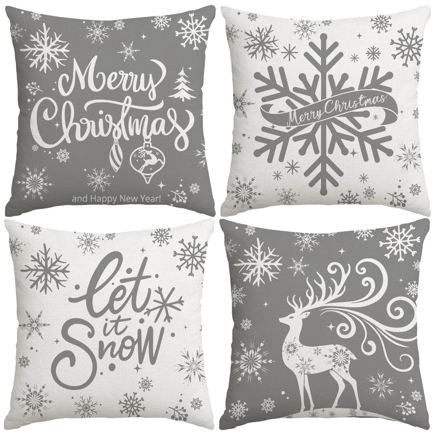 Artmag Merry Christmas Throw Pillow Covers 16x16 inch Snowflakes Let it Snow Moose Winter Holiday Grey Cushion Case for Coach Sofa Decorations Set of 4