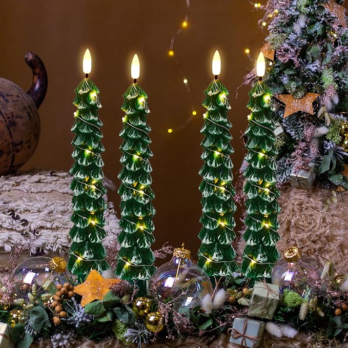 GenSwin Flameless Christmas Tree Candles with Remote Timer, Real Wax Christmas Tree Flameless Taper Candles Battery Operated with String Lights, Set of 4 LED Tree Candlesticks for Home Winter Decor