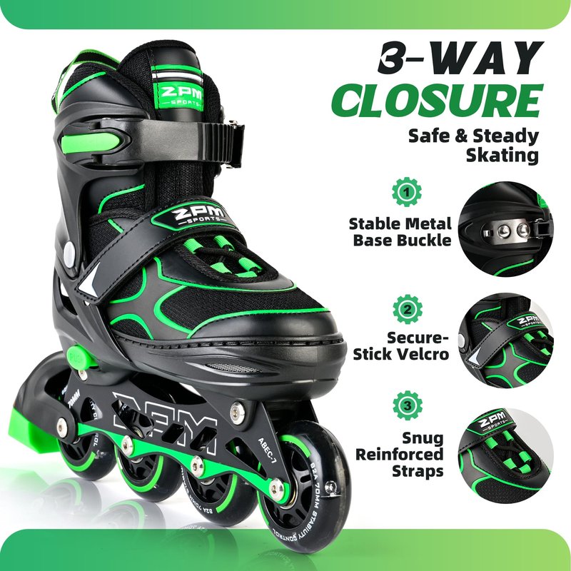 2PM SPORTS Inline Skates for Kids Girls Boys Ages 4-8 8-12 4-7 7-12 10-14 with Light Up Wheels, Adjustable Kids Roller Skates Blades for Adults Men Women Beginners Youths Green, Size Large