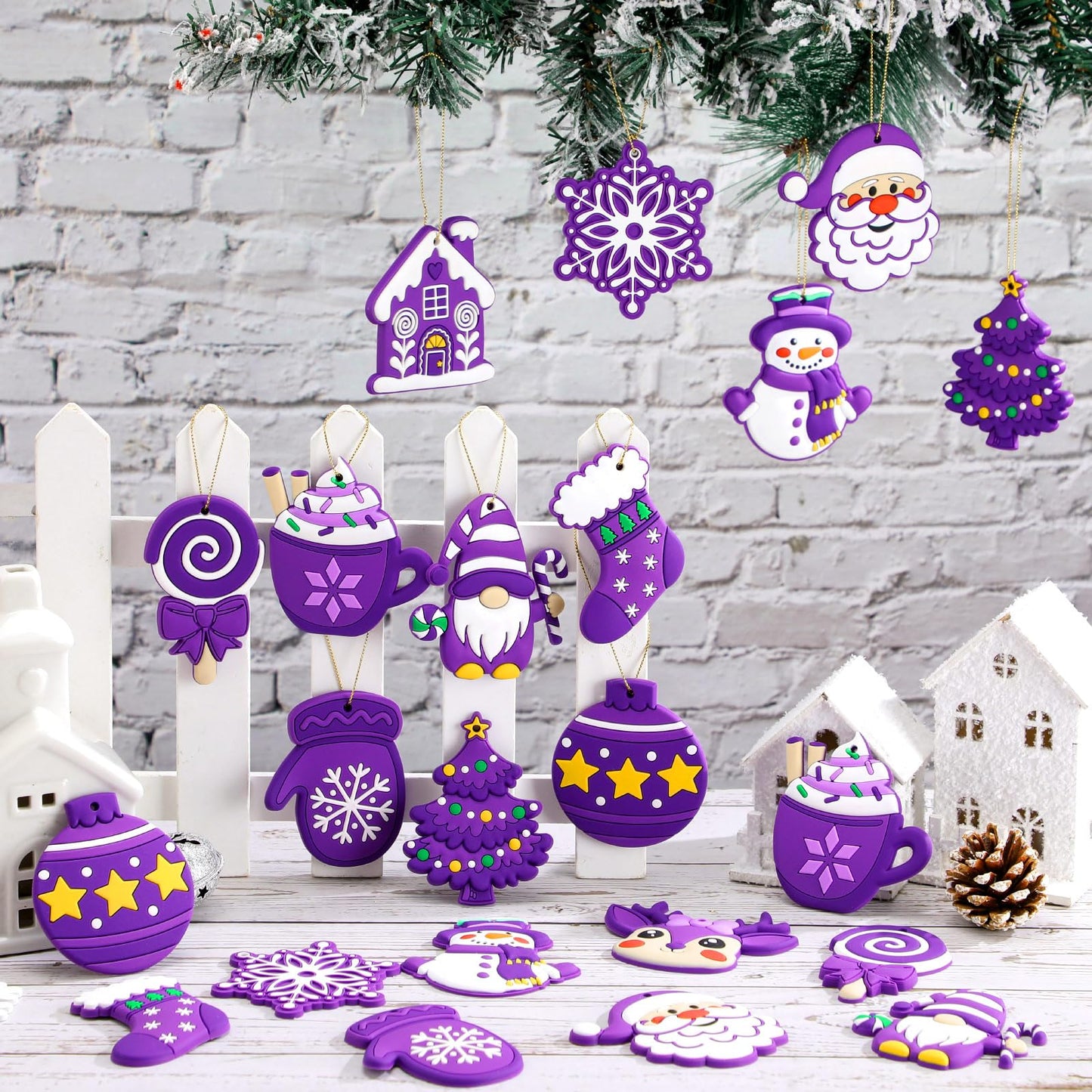 Lunmon 24 Pcs Purple Christmas Ornaments PVC Pastel Ornaments for Christmas Tree Santa Claus Gingerbread House Gnomes Xmas Baubles Winter Decorations for Xmas Tree Party Holiday Decor