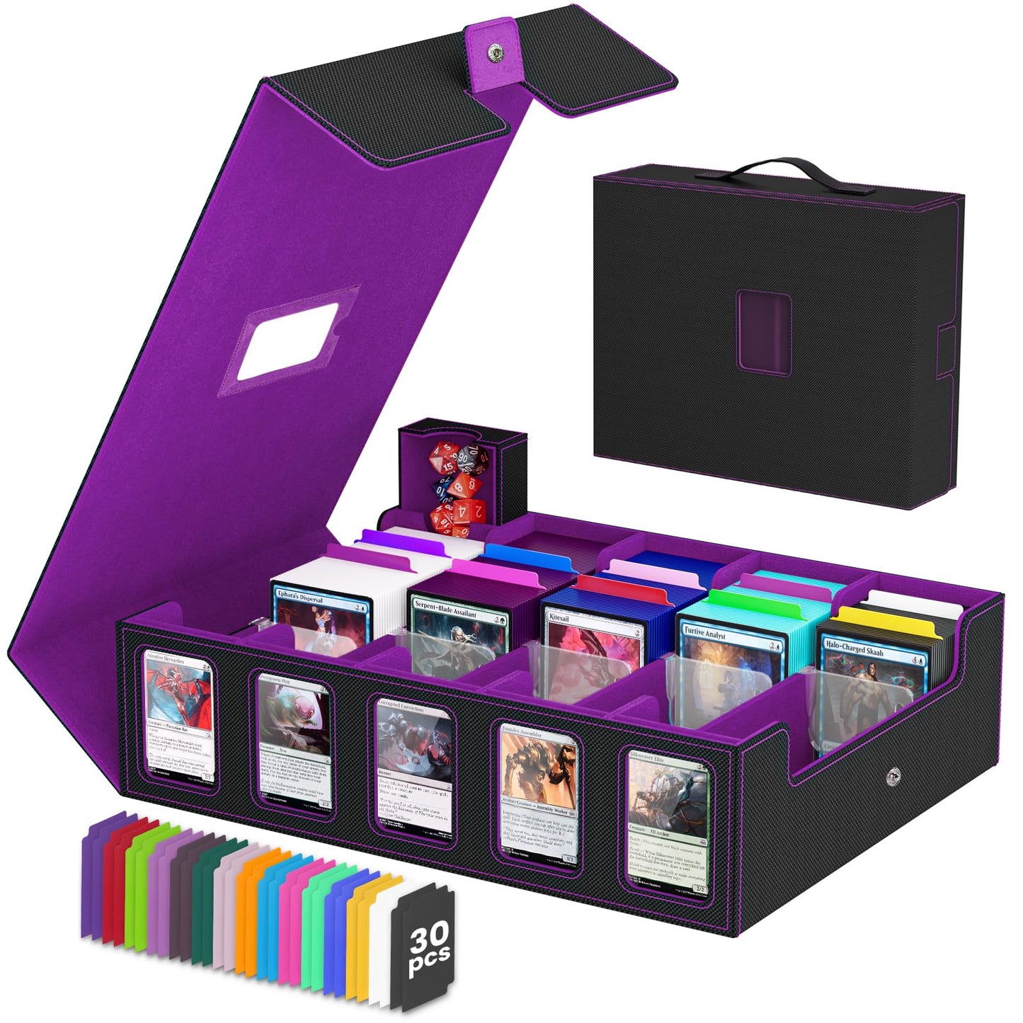 Trading Card Storage Box, 5 Row Card Deck Case with Commander Display & Portable Handle, 4200+ Card Deck Boxes Compatible for MTG TCG Magic Cards, 30 Divider, 8 Supporters, 1 Dice Tray(Black & Purple)