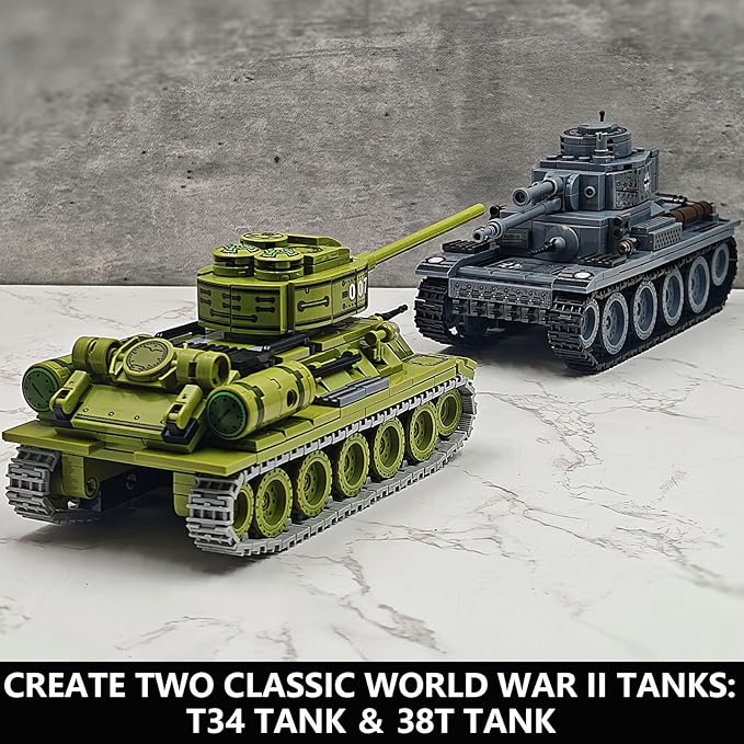 WW2 Tank Building Blocks 38T and T-34 Army Tank Military Battle Model KitsToy Gifts for Boys or Men Collectors(1000+ pcs)