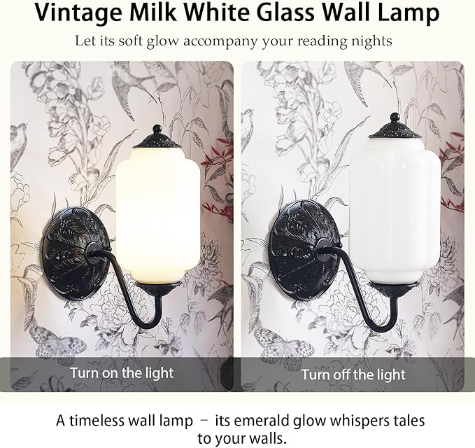 Antique Black Milk Glass Wall Sconce - Vintage Green Shade & Brass Finish Base - Indoor Wall Lighting Fixture for Living Room, Bedroom, Bathroom, Hallway, Entryway (White)