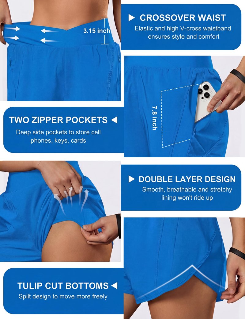 Blooming Jelly Women's Workout Shorts Athletic Running Crossover High Waisted Gym Sport Yoga Shorts with Zipper Pockets (Blue,Small)